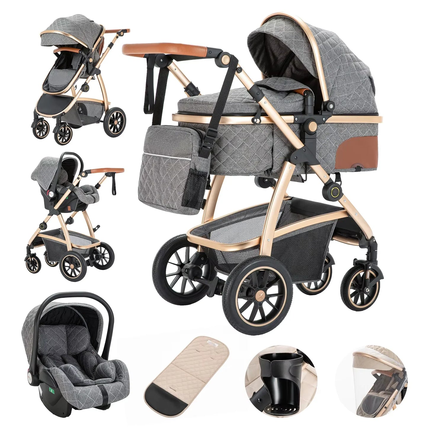 3-in-1 Kinderwagen SK20 – Luxus-Kombikinderwagen mit verstellbarem Griff, inkl. Moskitonetz