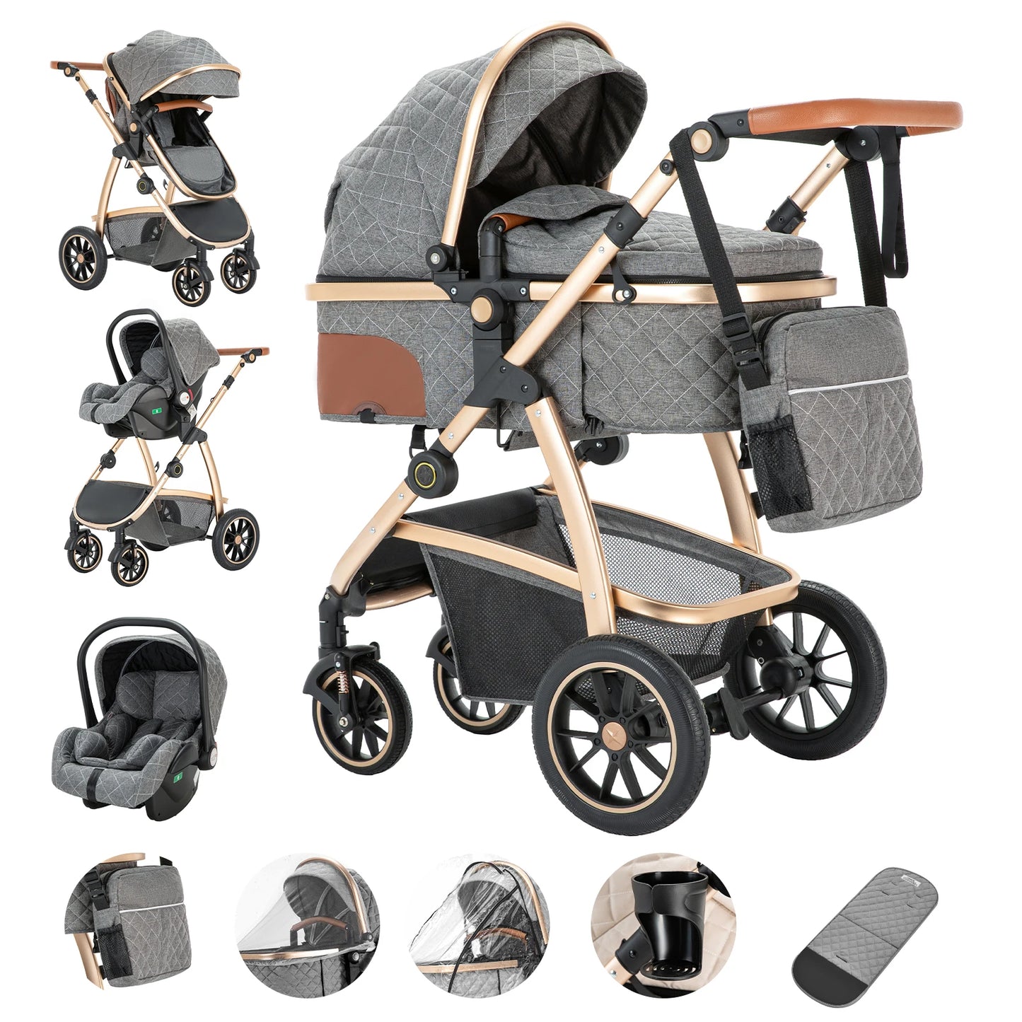 3-in-1 Kinderwagen SK20 – Luxus-Kombikinderwagen mit verstellbarem Griff, inkl. Moskitonetz