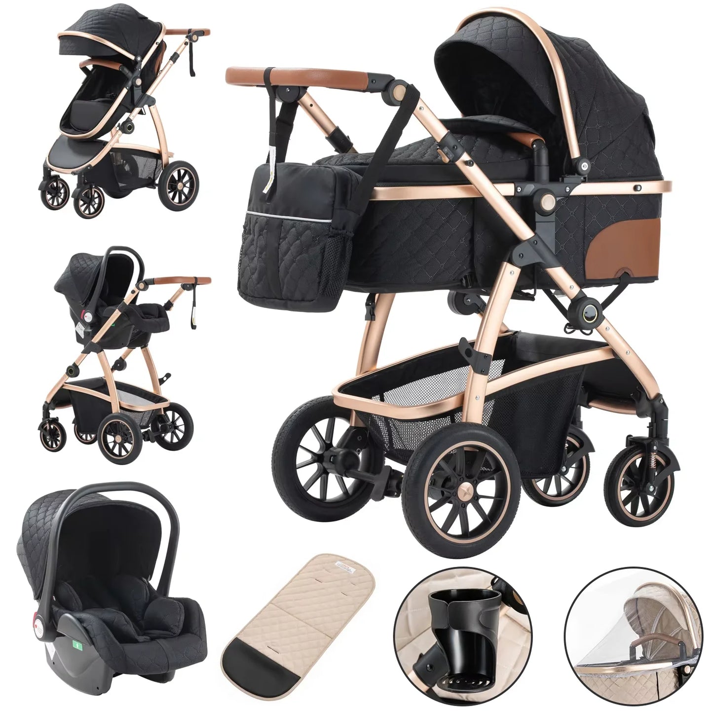3-in-1 Kinderwagen SK20 – Luxus-Kombikinderwagen mit verstellbarem Griff, inkl. Moskitonetz