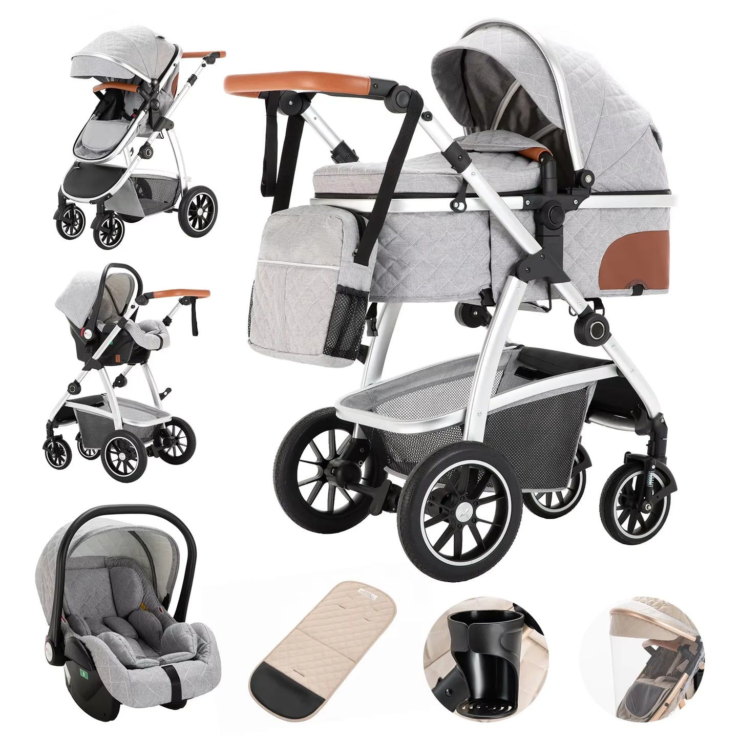 3-in-1 Kinderwagen SK20 – Luxus-Kombikinderwagen mit verstellbarem Griff, inkl. Moskitonetz