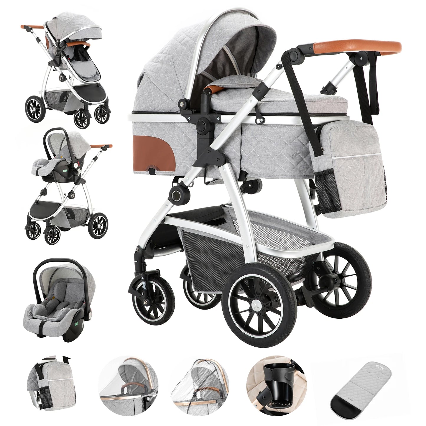 3-in-1 Kinderwagen SK20 – Luxus-Kombikinderwagen mit verstellbarem Griff, inkl. Moskitonetz