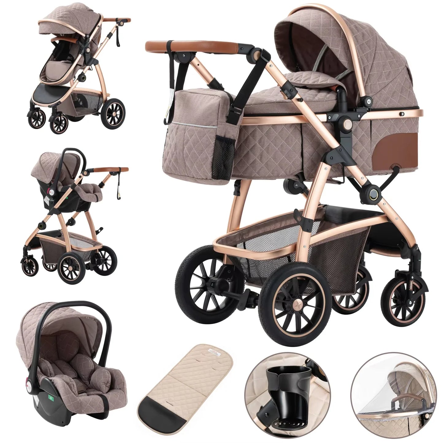 3-in-1 Kinderwagen SK20 – Luxus-Kombikinderwagen mit verstellbarem Griff, inkl. Moskitonetz